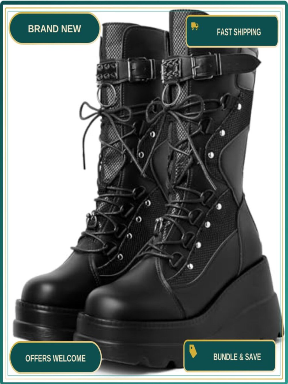Goth Combat Platform Boots Women Mid Calf Vegan PU Leather Buckle